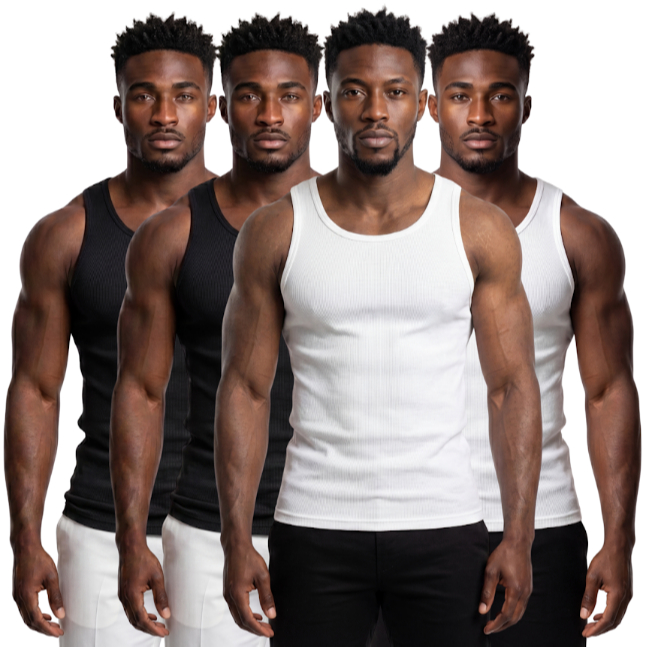 Kit 4 Regatas Masculinas Caneladas Premium Academia Fitness Algodão Confortável Slim Fit Preta e Branca Básica Treino
