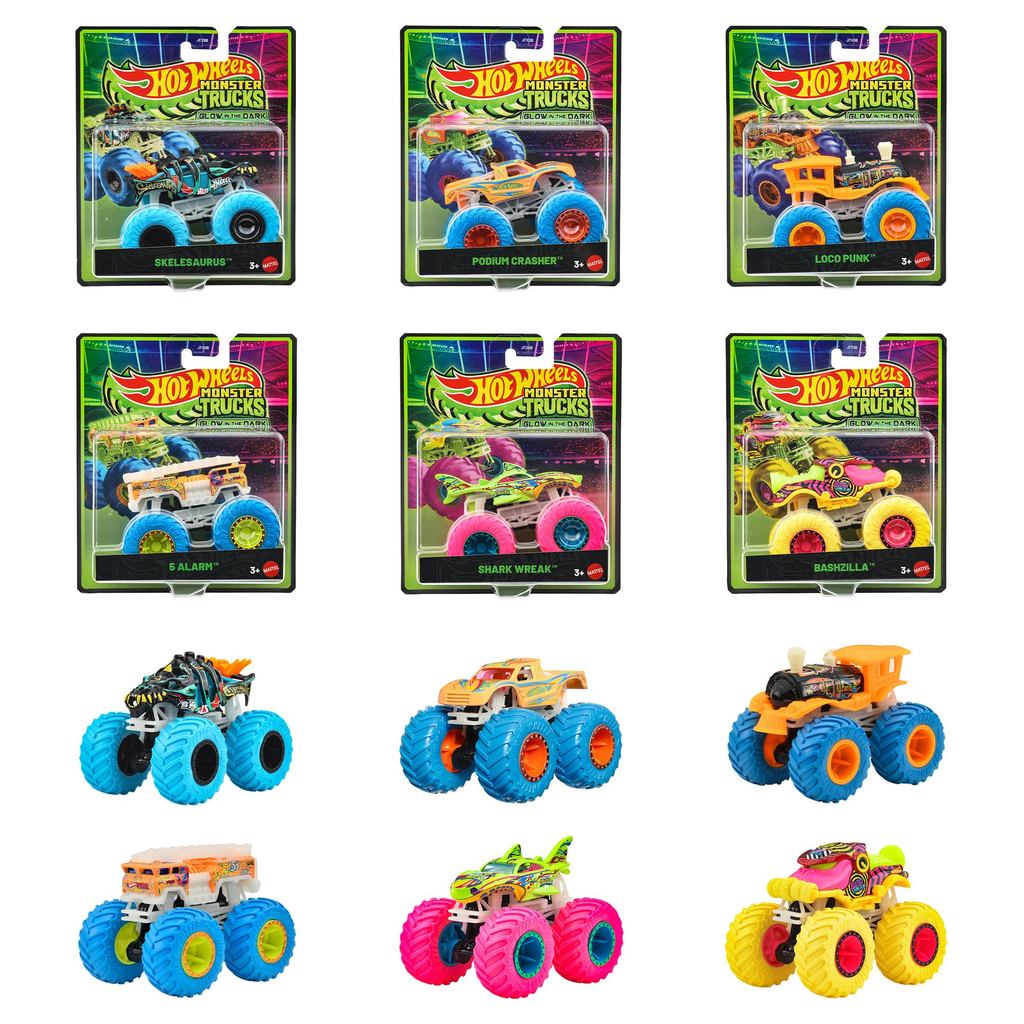 Hot Wheels Glow-in-the-Dark Monster Truck Assortment Vehicle Toy Mini Cars, Box of 6, for Ages 3 and Up, Multi JFX08-986