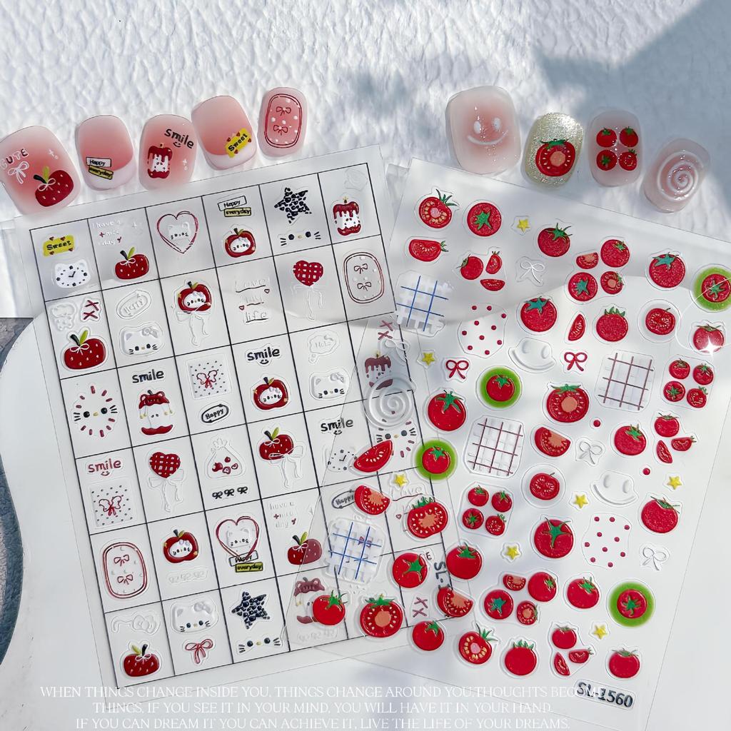 Desenhos animados maçã tomate Manicure adesivo gato em relevo etiqueta do prego computador telefone iPad adesivo arte do