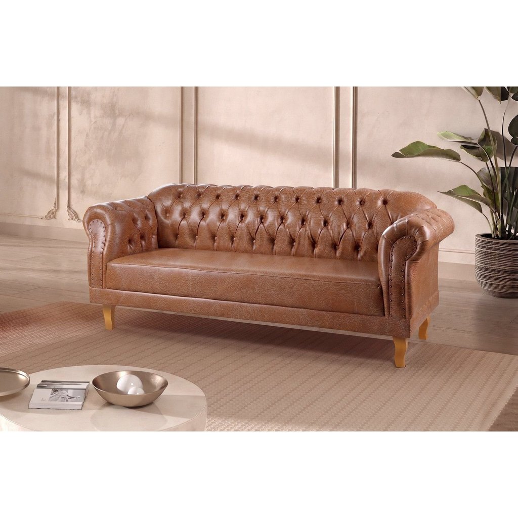 Sofá Chesterfield 3 Lugares Couro Sintético Duque Avelã