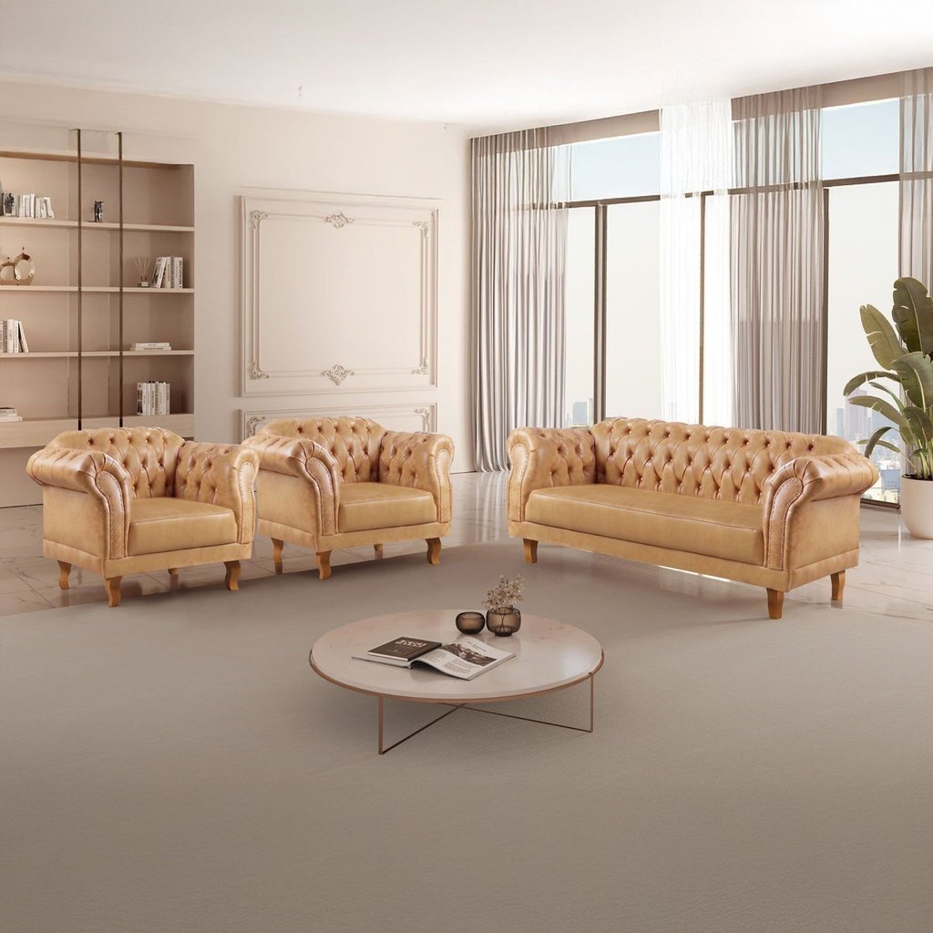 Conjunto 1 Sofá e 2 Poltronas Chesterfield Duque Mel