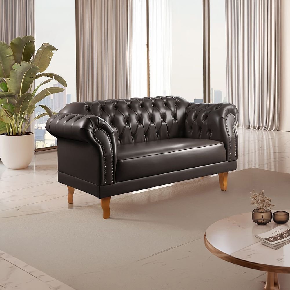 Sofá Chesterfield 2 Lugares Couro Sintético Preto Duque 150cm Yescasa Preto