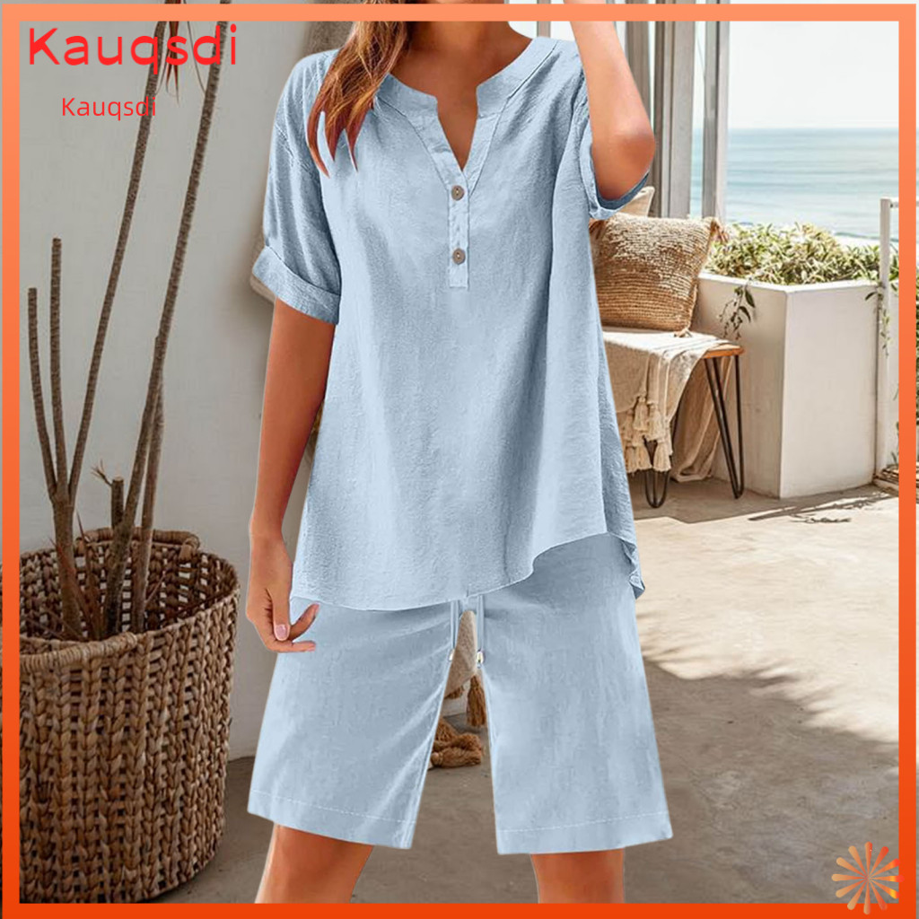 Women Top and Pants Set Loose Fit Outfit Women’s Summer Cotton Linen 2-piece – Short Sleeve V-neck Wide Leg Shorts L