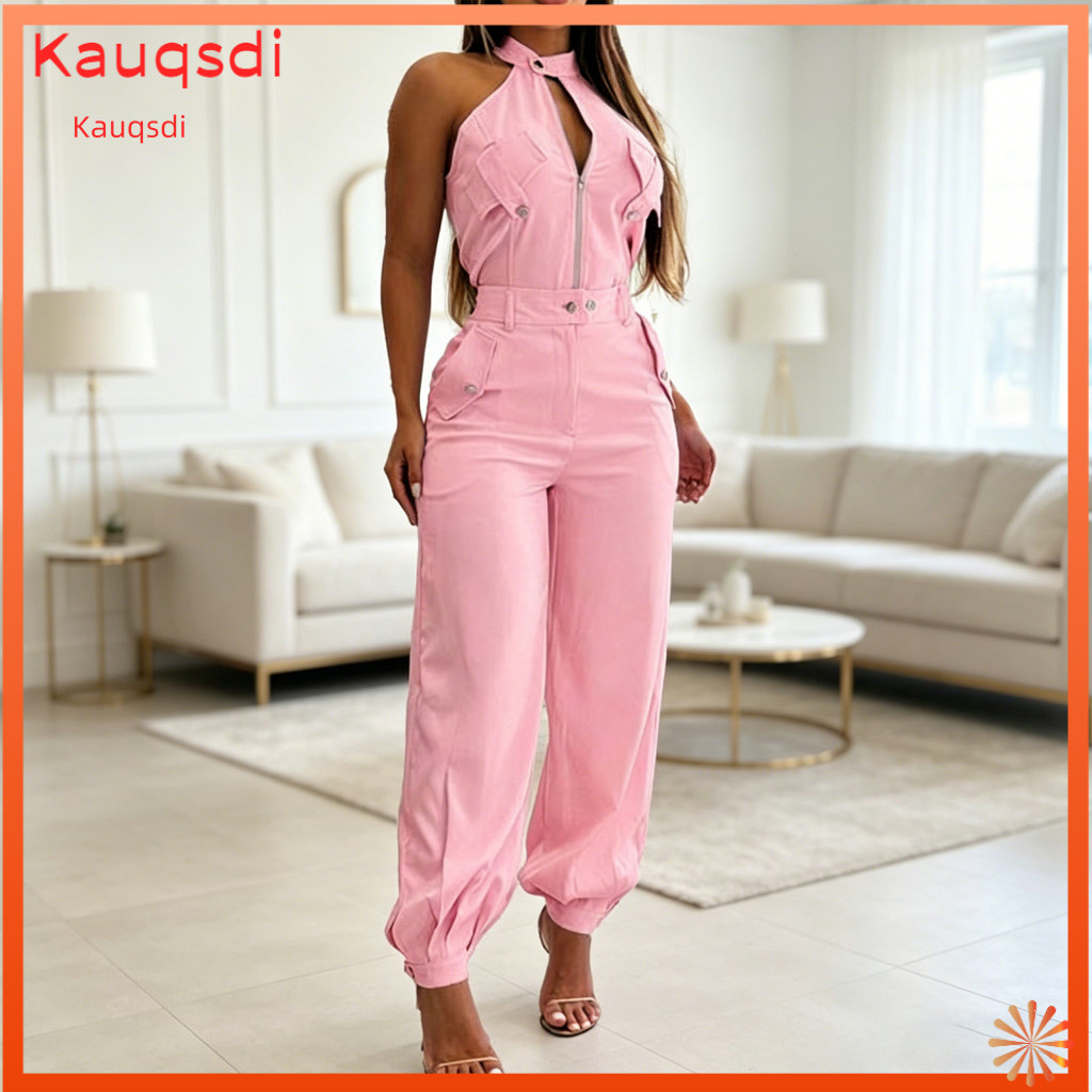 Elegant Blouse Slim Fit Women Shirt Women’s Summer 2-piece Set Halter Zip-up Top Cargo Pants with Pockets Travel Vacat