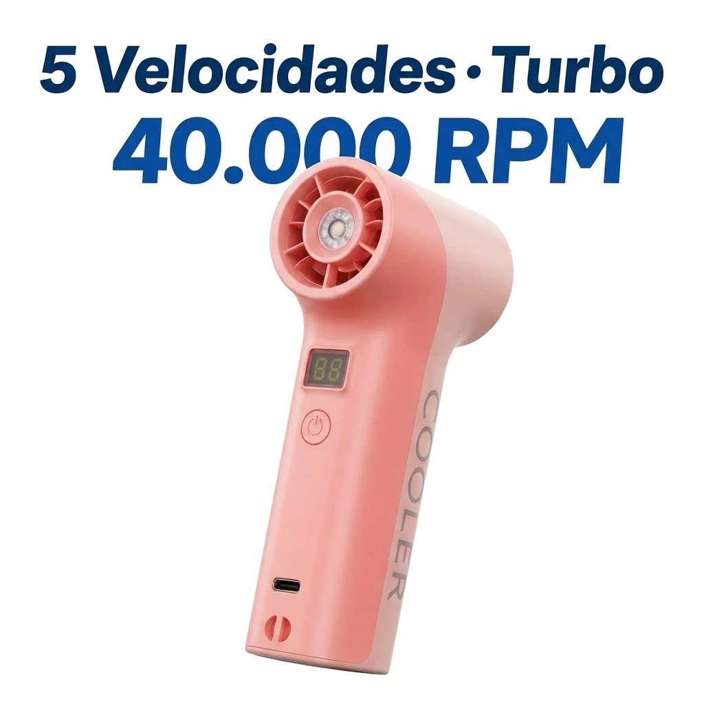 Mini Ventilador Portátil USB Recarregável 4000mAh 40.000 RPM Turbo 5 Velocidades Sem Fior Rosa Branco