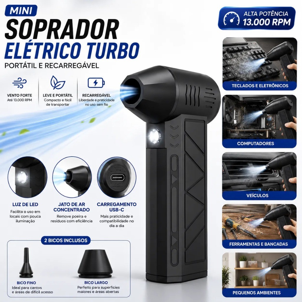Mini Soprador de Ar Turbo 130000RPM Sem Fio Recarregável USB 3 Velocidades Jato Super Forte