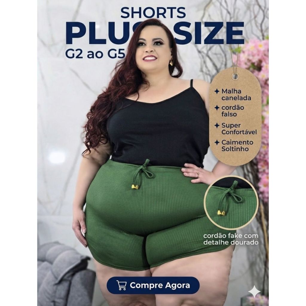Shorts Feminino Plus Size Canelado G2 ao G5 Cintura Alta Não Marca Ajuste Perfeito