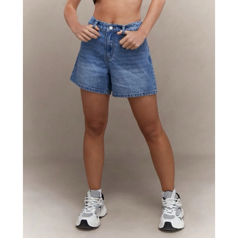 Shorts jeans Cintura Alta Clássicos de Verão Casual, Bainha Crua de Shorts Denim com Bolsos Laterais, Ajuste Relaxado