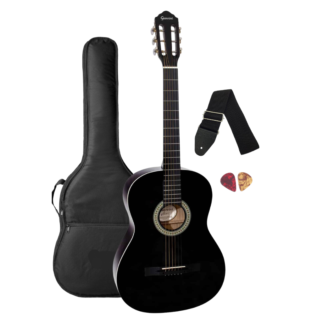 Violão estudante Destro Clássico Giannini Start N-14 BK cordas de Nylon Preto Brilhante + acessórios