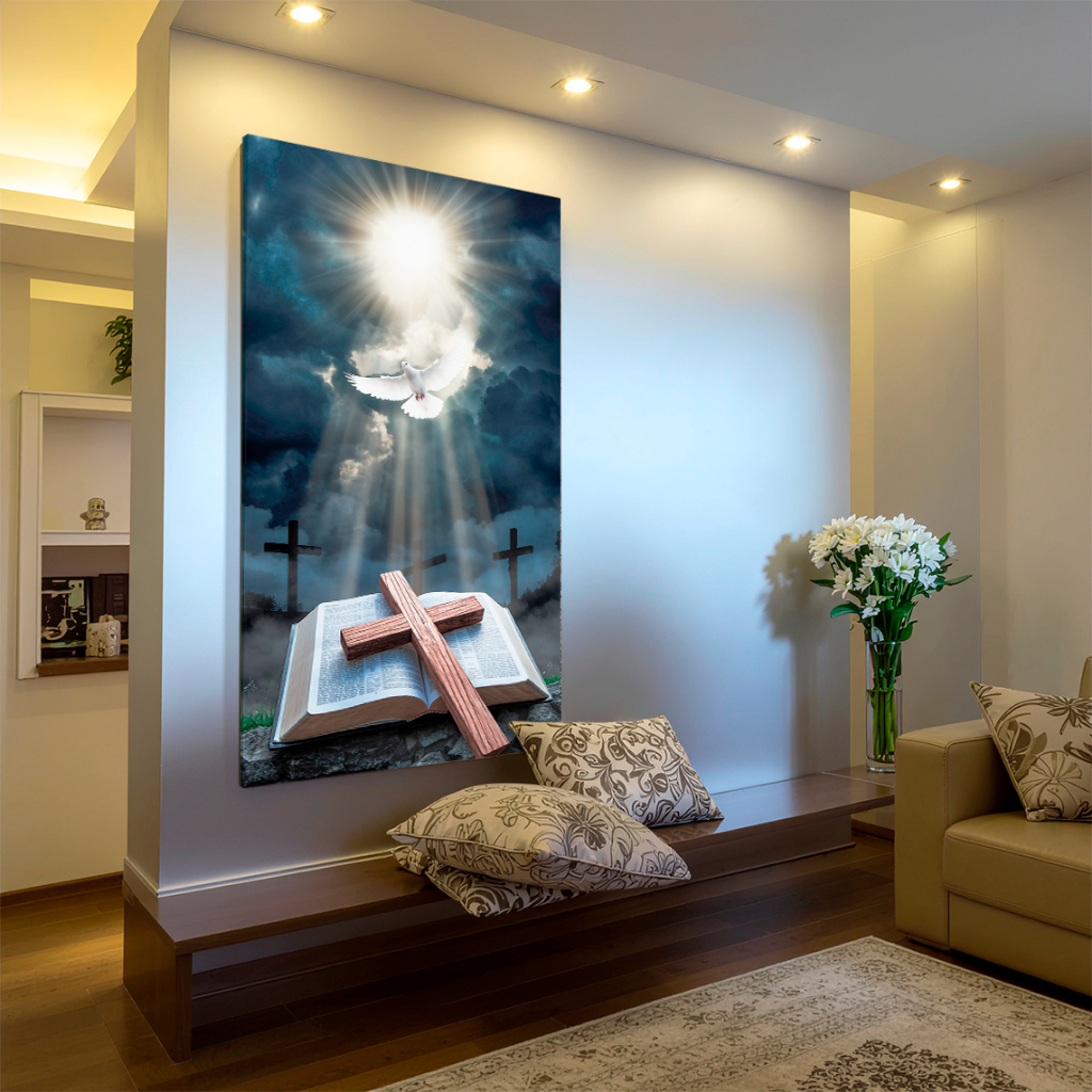 Quadro Decorativo 80x110cm Bíblia Cruz Pomba Luz Religioso Oração Luxo Sala Quarto Escritório MDF