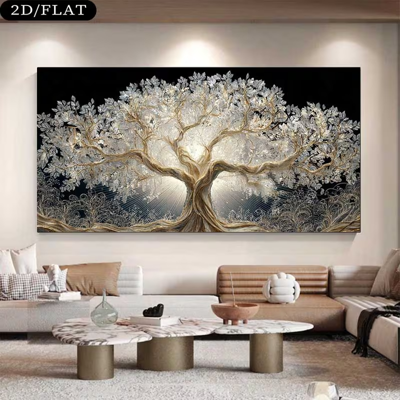 Quadro Decorativo Árvore de Luz Prateada Fundo Preto Luxo