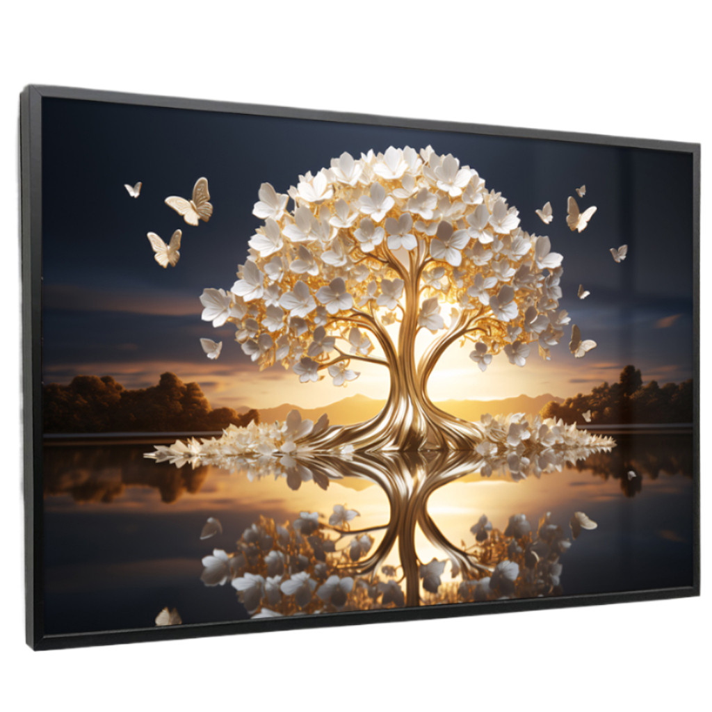 Quadro Decorativo Árvore luz Neon Da Prosperidade Folhas Brancas Luxo Sala Quarto Casa