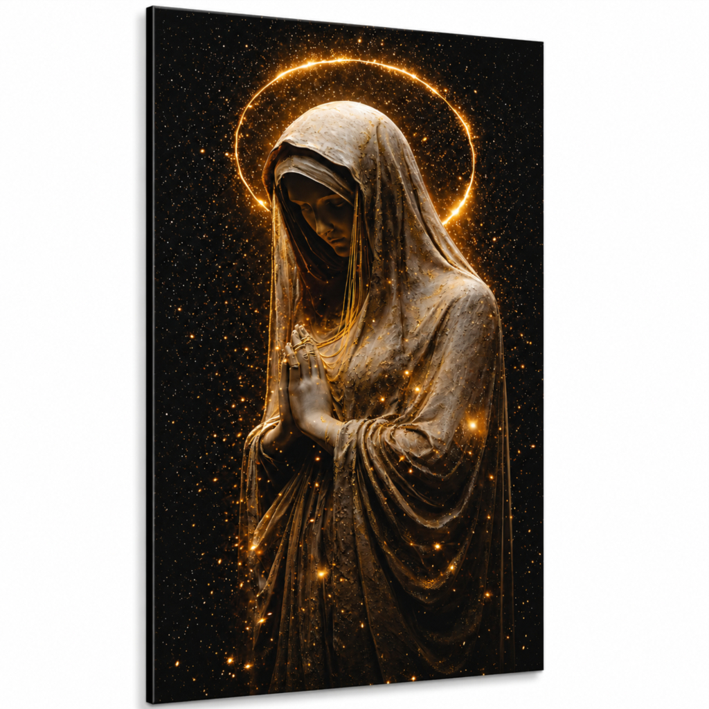 Quadro Decorativo Nossa Senhora em Oração Dourada Religioso Católico para Sala Quarto e Espaço de Oração