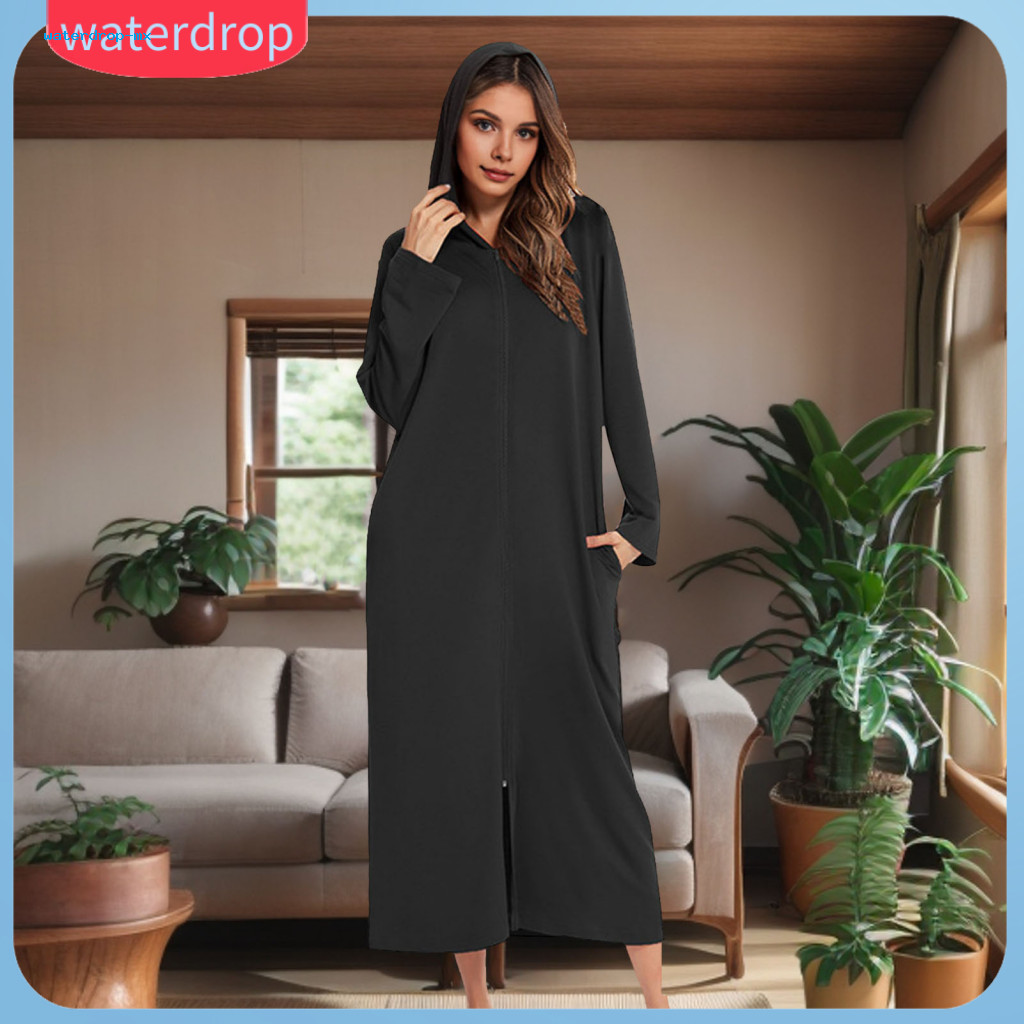 Women’s Zip-up Hooded Nightgown with Pockets Long Sleeve Loose Fit Mid-calf Length Loungewear for Home and Bedroom Wea