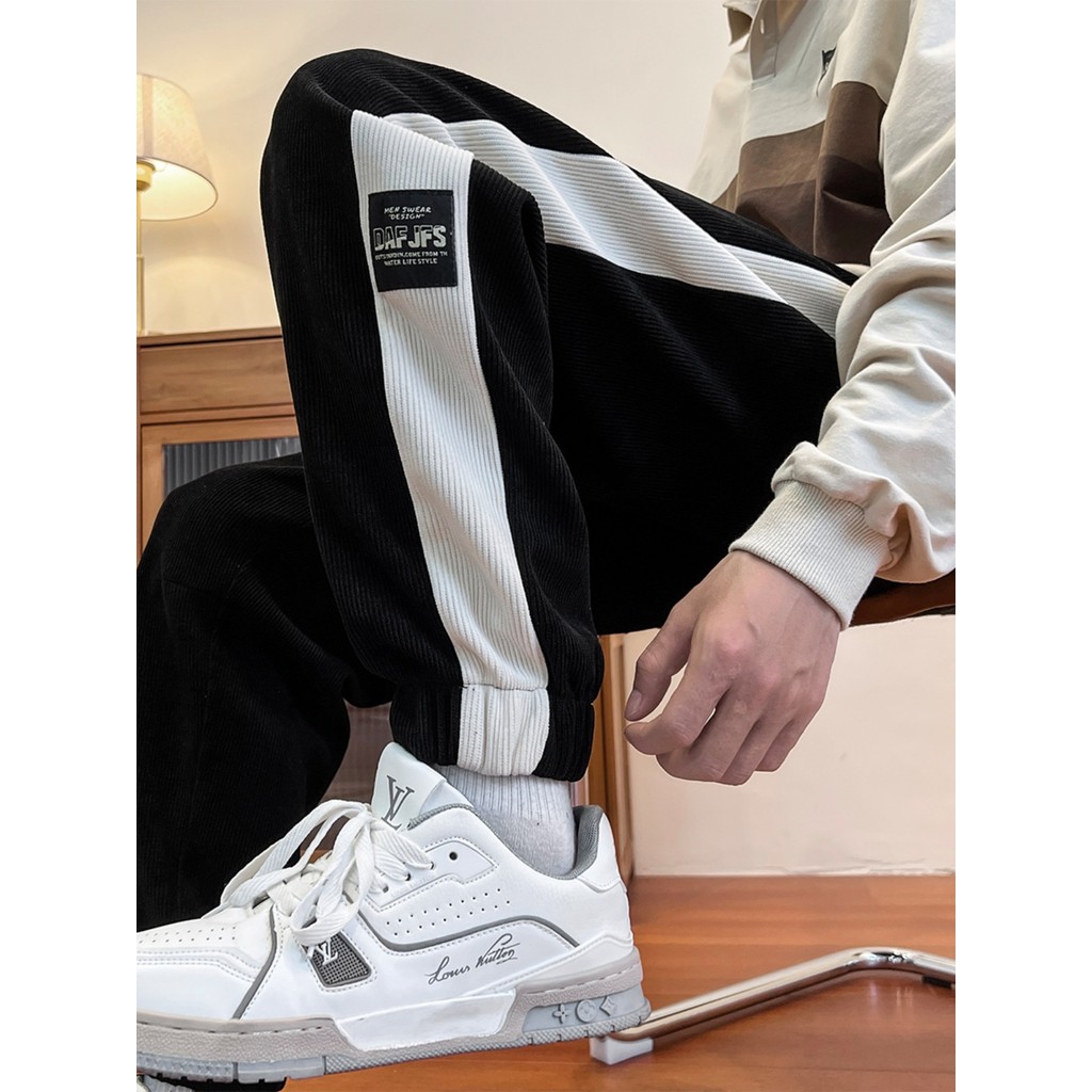 Cleanfit preto Chenille calças masculinas primavera outono americano High Street Tie-up esportes Sweatpants listrado cal