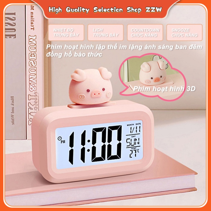 【Entrega rápida】Multifuncional retroiluminação LED despertador digital bonito formato de porquinho desktop timer quarto