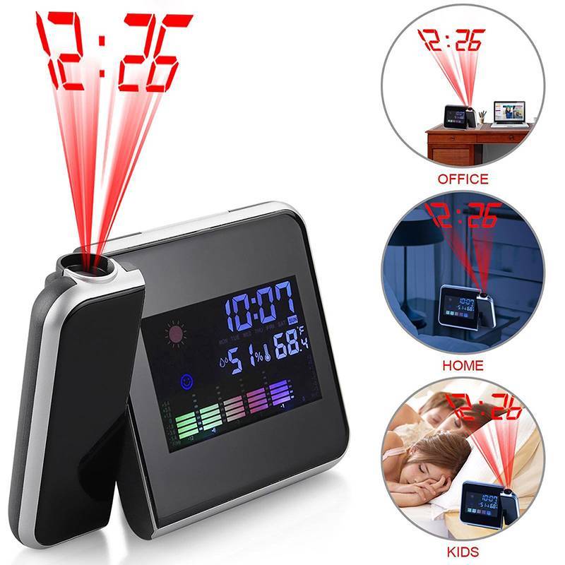 Relógio Projetor LCD Digital LED, Estação Meteorológica com Calendário e Alarme Snooze