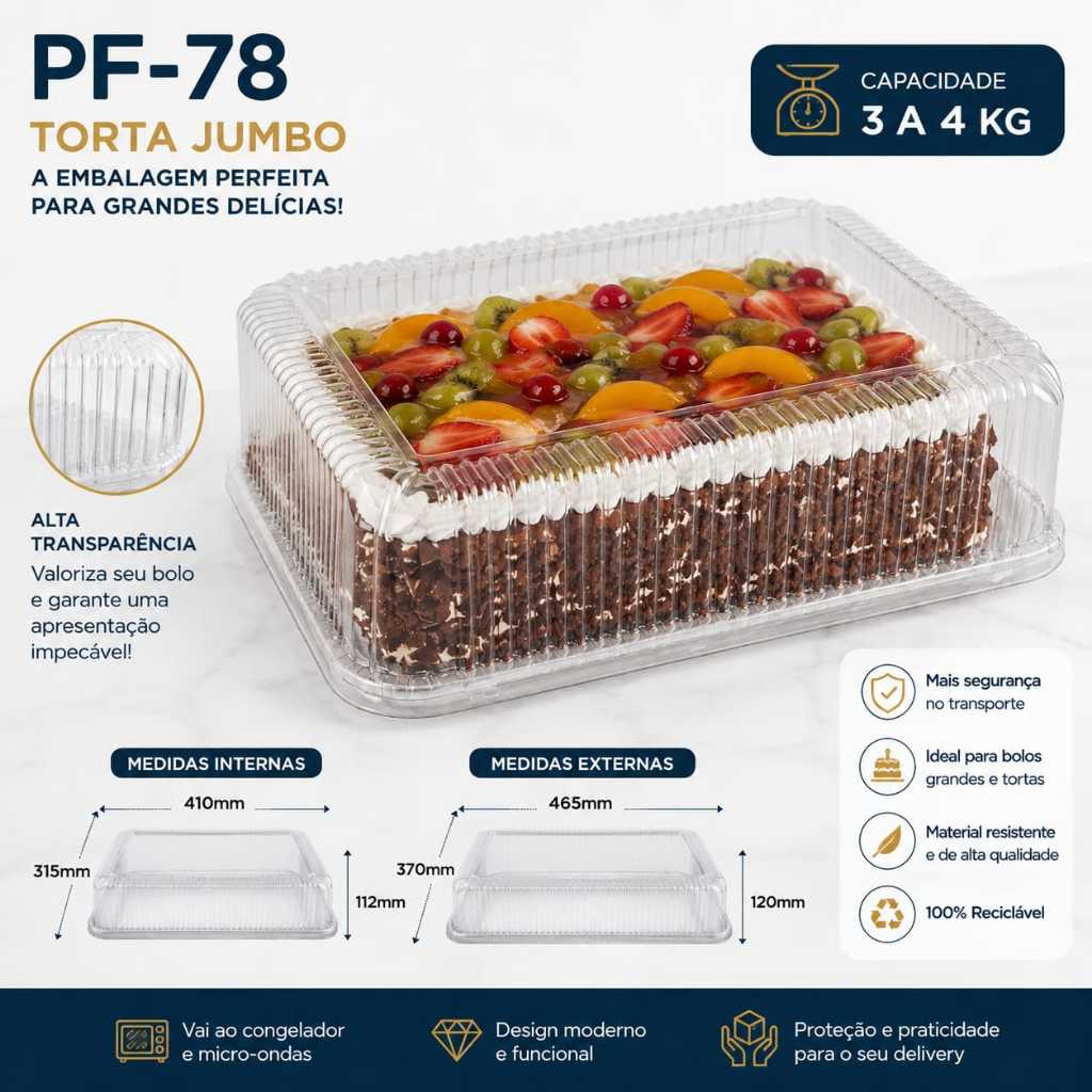 Embalagem PF-78 para Bolo e Torta Jumbo 3 a 4kg Transparente PET Cristal  Alta Resistência Delivery
