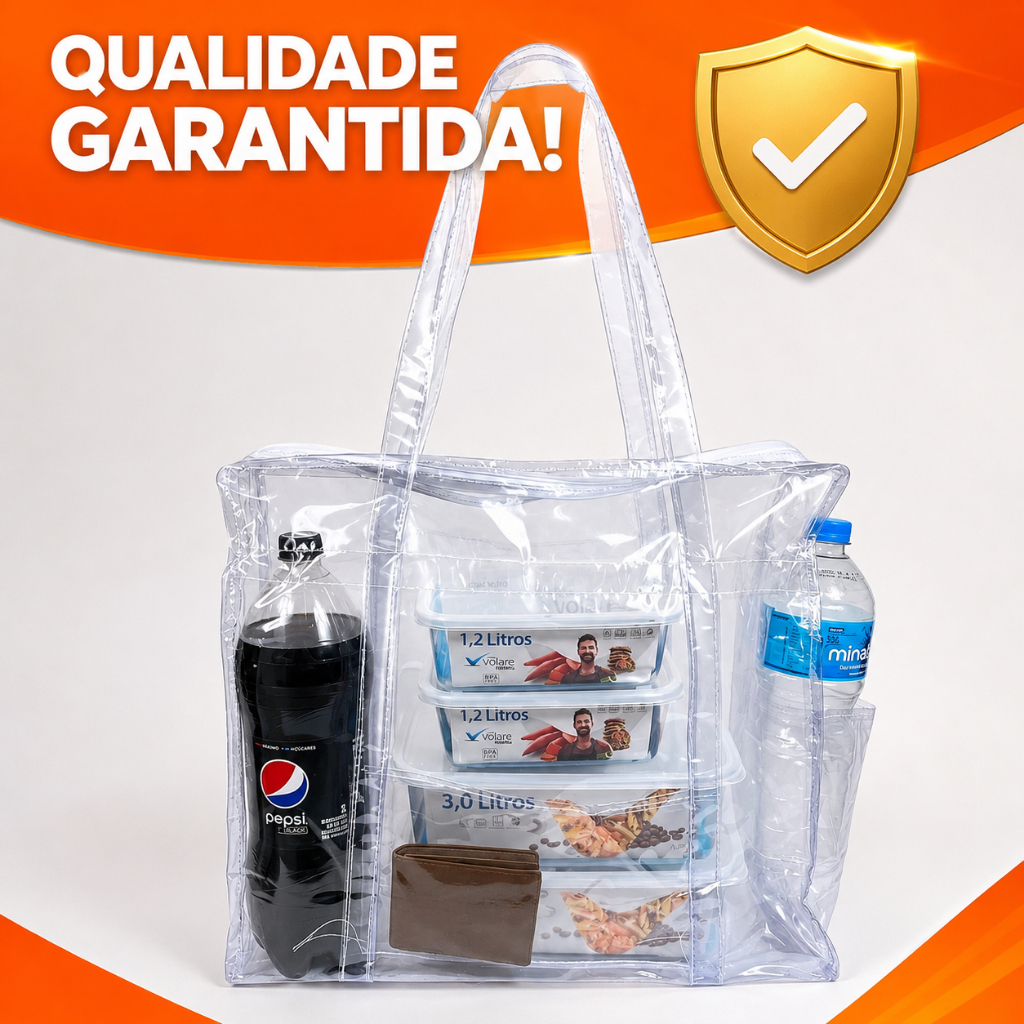 Bolsa Transparente Grande PVC Cristal Jumbo Reforçada com Zíper 47x37x18cm Praia Piscina Presídio CDP Maternidade