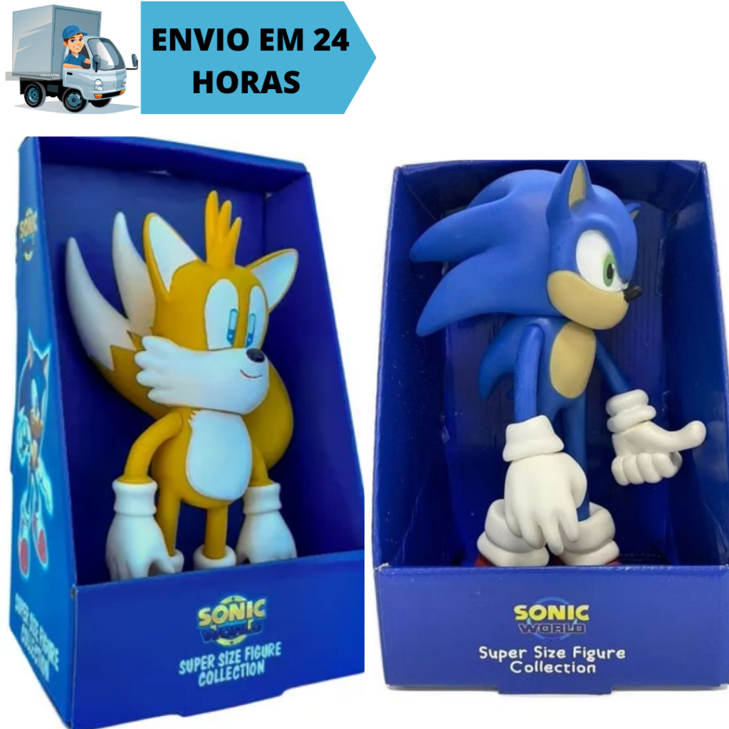 Kit 2 Bonecos Sonic E Tails 28cm Collection Grandes Articulado Super Size Sonic