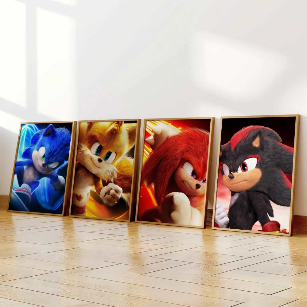 Kit 4 Quadros Decorativos com Moldura Sonic O Filme Tails Knuckles Shadow decoração Sala Quarto Grande A3 34x44