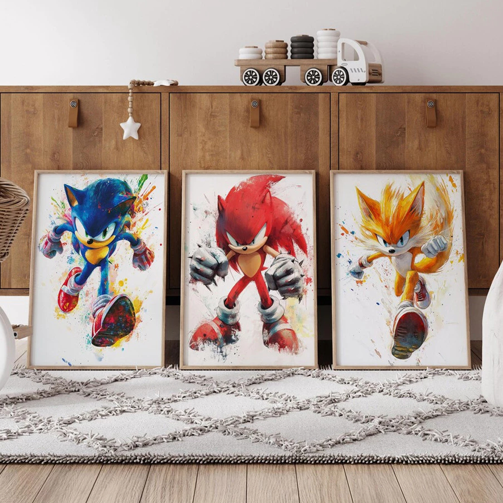 Quadro Decorativo Sonic Knuckles Tails Aquarela Grande Quarto Gamer