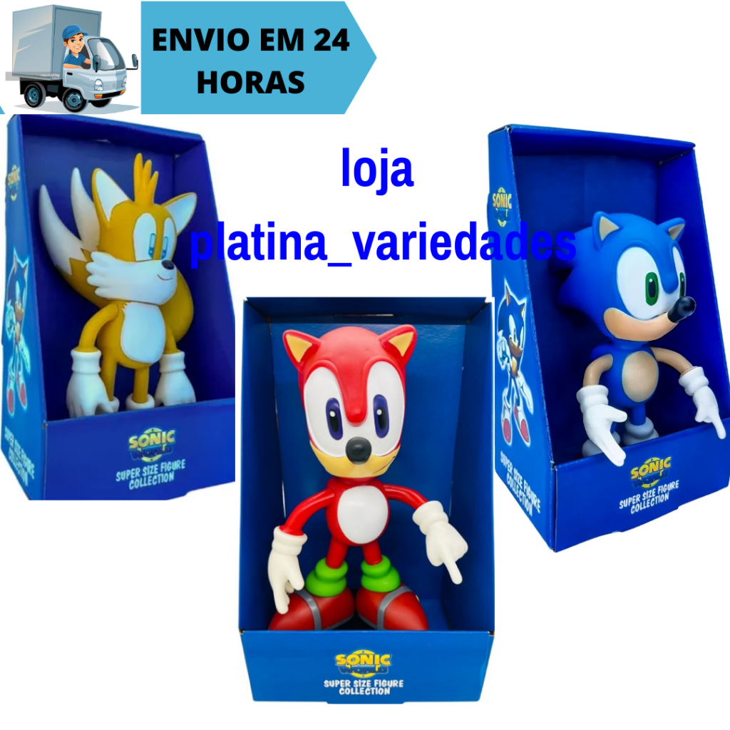 Combo 3 Bonecos Sonic Azul e Tails e Sonic Vermelho Collection Grandes Articulado 23cm Super Size Sonic