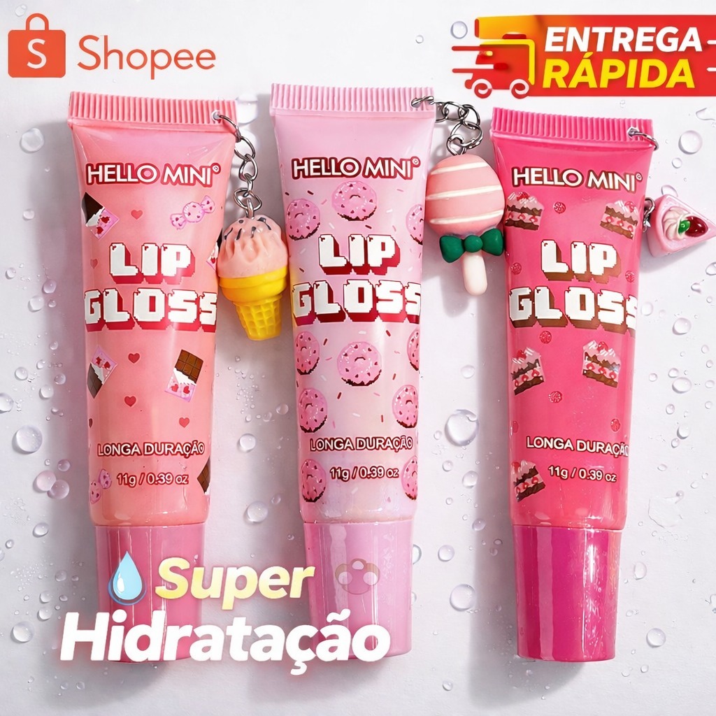 Lip Gloss Hello Mini 11g | Gloss Labial Hidratante Longa Duração com Chaveiro Brilho Espelhado Brilho Labial Sabores