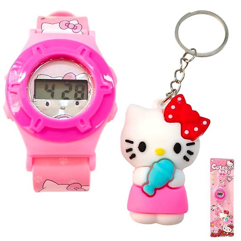 Kit Relógio Digital Infantil + Chaveiro Hello Kitty Rosa | Fofo e Prático