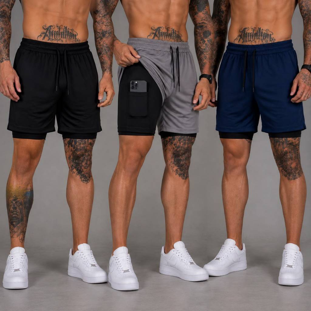 Kit 3 Shorts Bermuda 2 em 1 Masculino Dry Fit Compressão Bolso Celular Academia Treino Corrida Plus Size PP ao G4