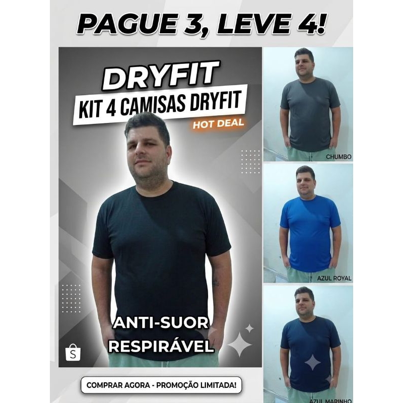 Kit 4 Camisetas Masculinas Dry Fit Esportiva 0 Camisa Poliéster Treino Academia Corrida Plus Size P ao G3