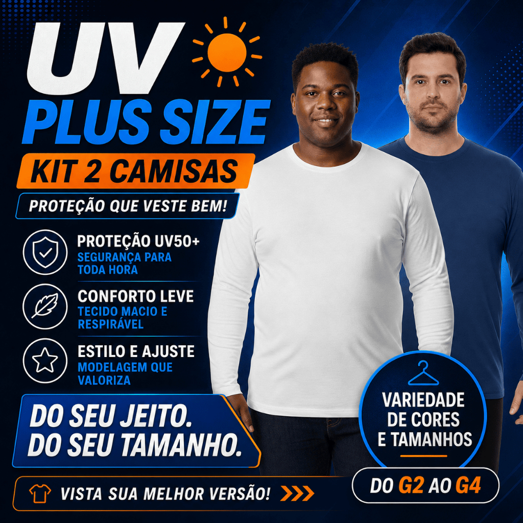 Kit 2 Camisas Masculina Plus Size Manga Comprida Dry Fit Conforto Proteção Solar UV