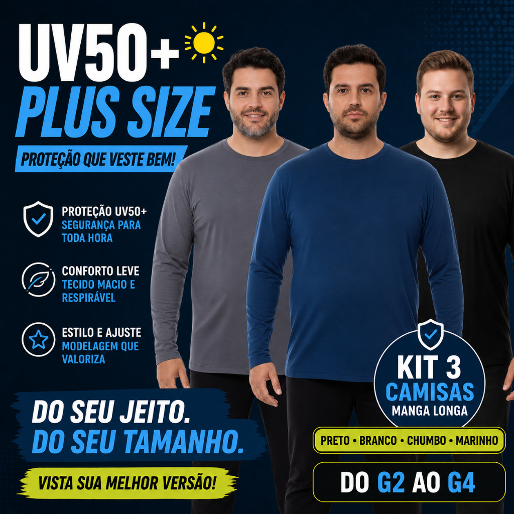 Combo 3 Camisas Manga Comprida Plus Size Masculina Segunda Pele Proteção UV Solar Dry Fit Leve