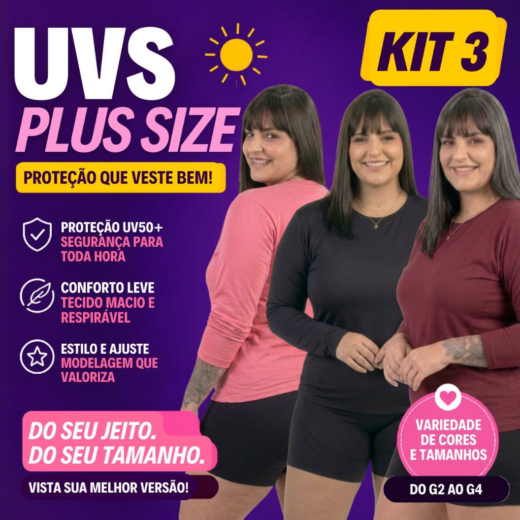 Kit 3 Camisas Blusas Plus Size Feminina Dry Fit Manga Longa Proteção Solar UV Não Transparente Leve