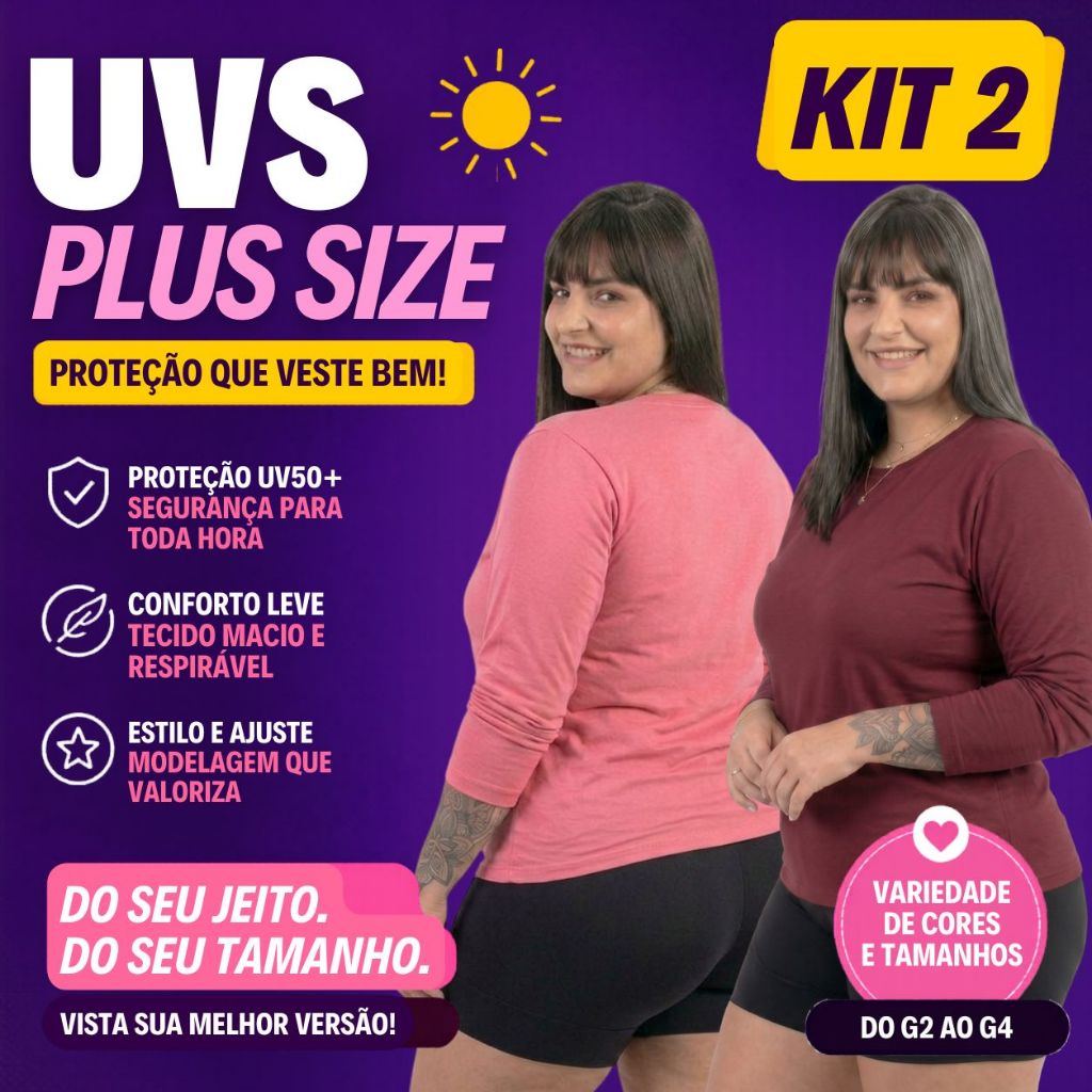 Kit 2 Camisas Blusas Feminina Plus Size Dry Fit Proteção Solar UV Manga Comprida  Academia Corrida
