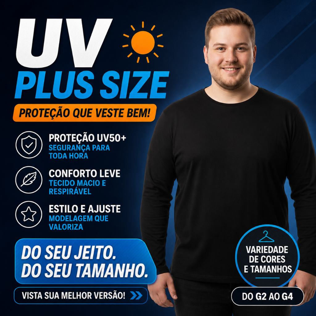 Camisa Masculina Plus Size Proteção Solar UV Manga Longa Dry Fit Conforto Casual Treino Verão