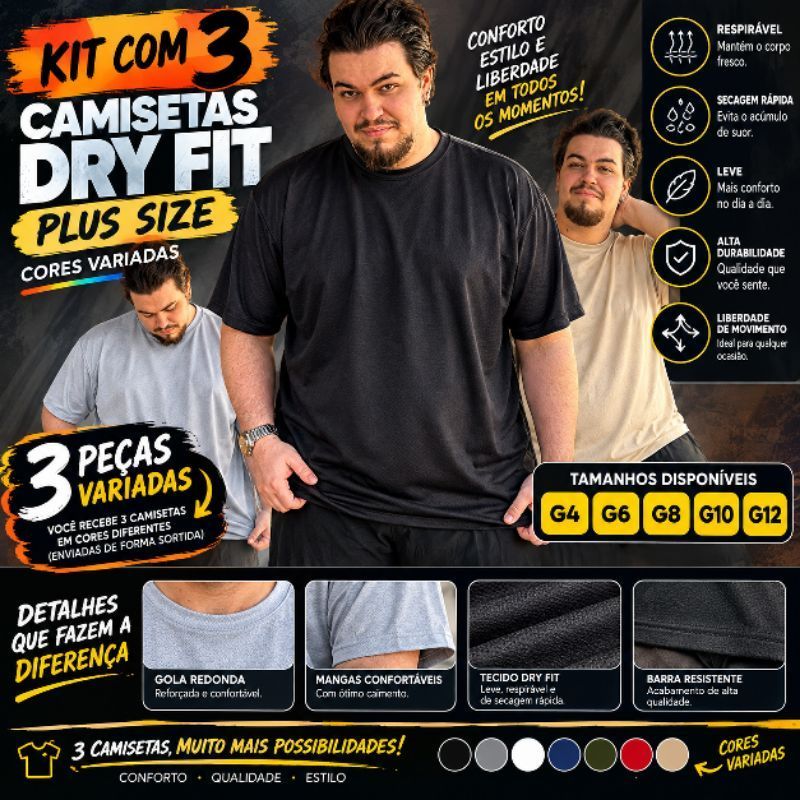 kit 3 Blusas Dry Fit  Plus Size G4 ao G12 Cores Sortidas Masculino