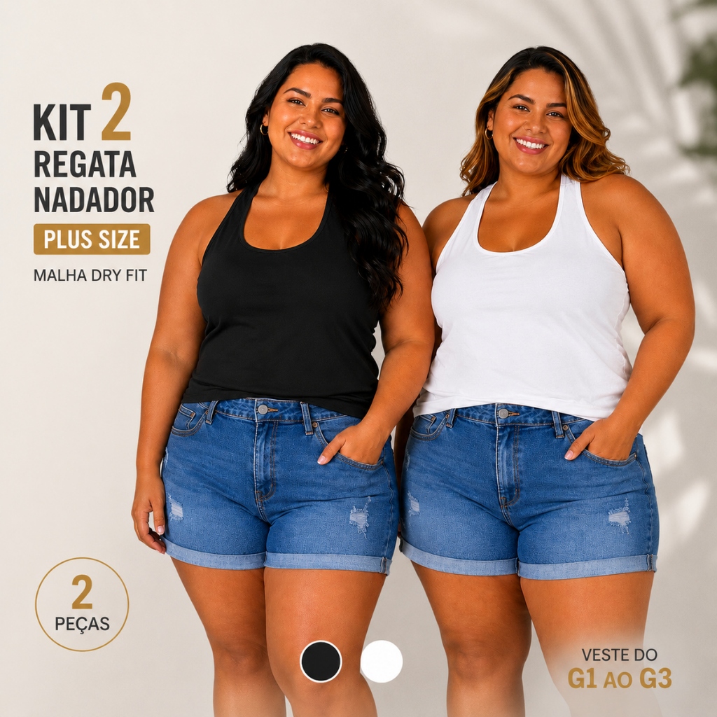 Kit 2 Regatas Femininas Plus Size Nadador Dry Fit Malha Dry Fitness Academia Esportiva 26763
