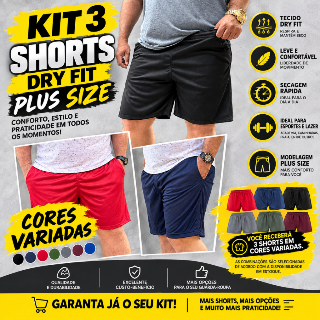 kit 3 Short Dry Fit Plus Size Treino,Futebol Conforto Masc Cores Sortidas