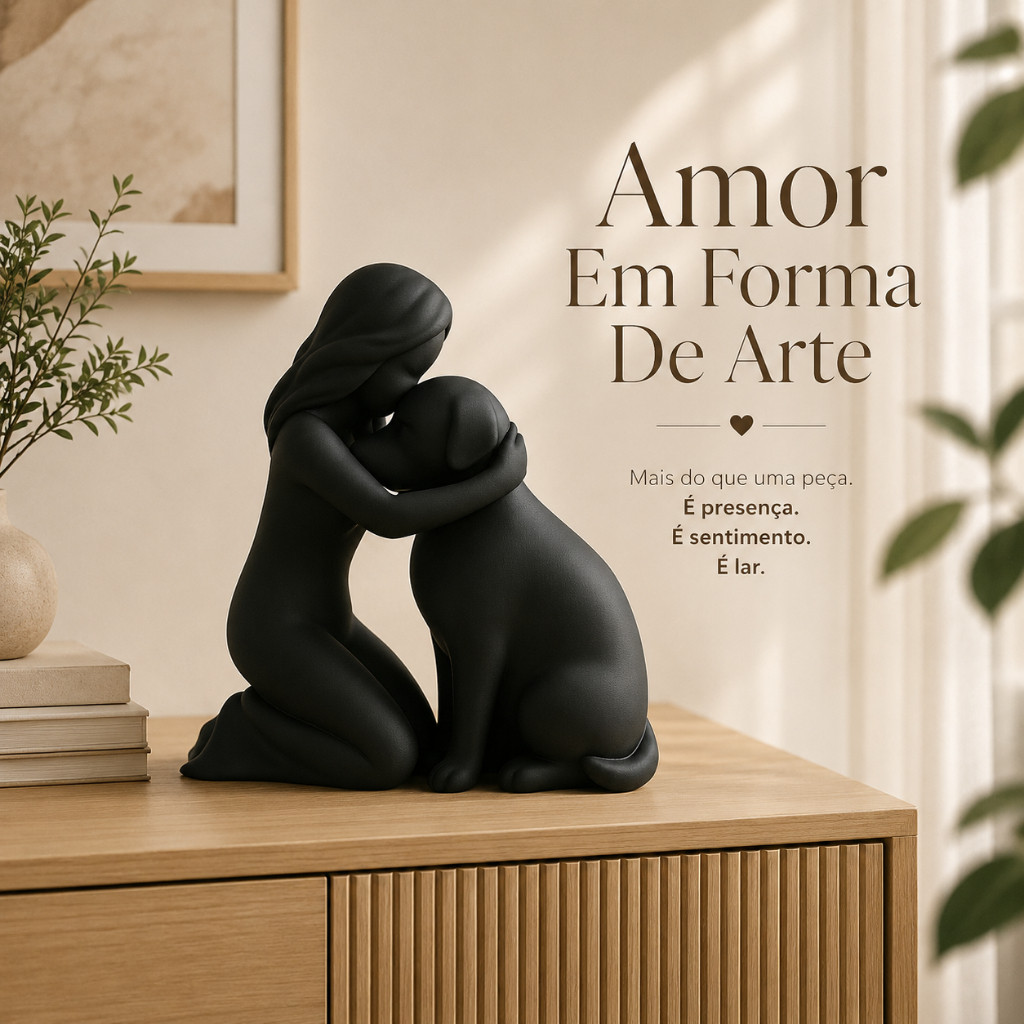Escultura Decorativa Mulher Beijando Cachorro Minimalista Enfeite Sala Estante Presente Pet