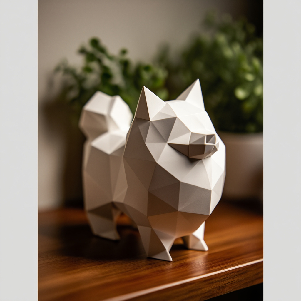Escultura Lulu da Pomerânia Low Poly 3D – Cachorro Decorativo Moderno, Arte Geométrica Minimalista