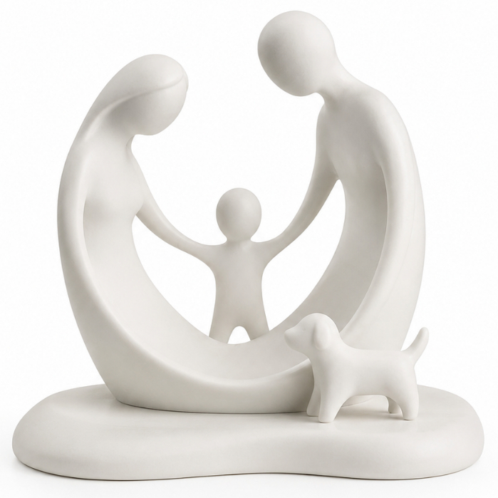 Escultura Decorativa Família Com Filho E Cachorro Minimalista Abstrata Design Moderno Emocional