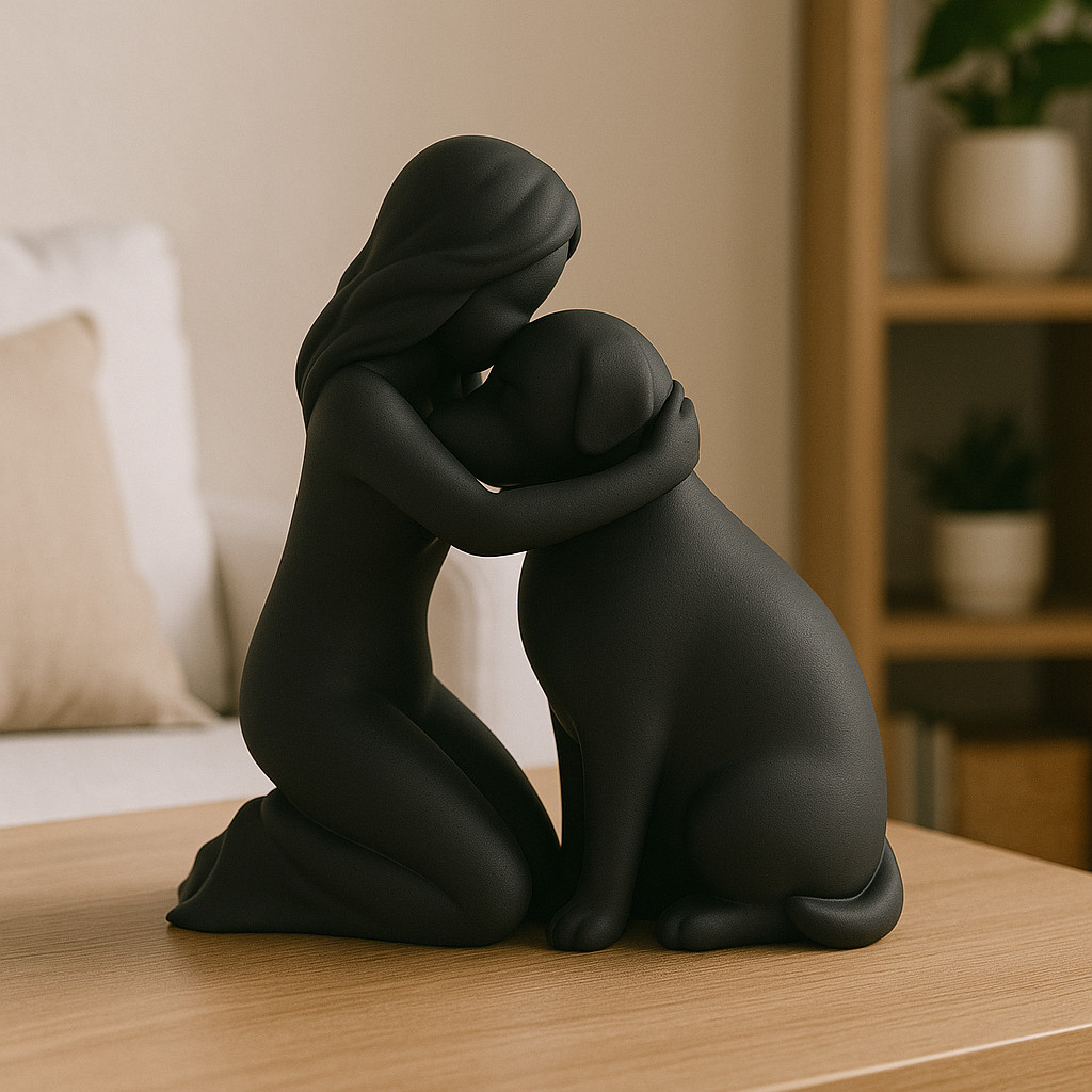 Escultura Decorativa Mulher Beijando Cachorro - Arte Moderna Minimalista