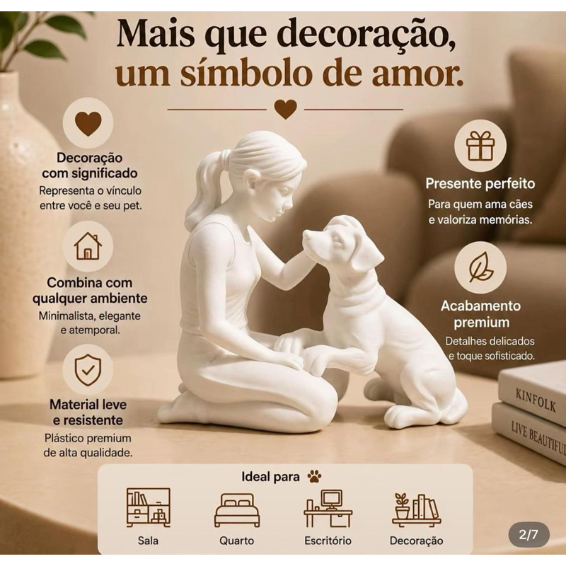 Escultura Decorativa Mulher com Cachorro ou Homem com Cachorro Arte Moderna Minimalista Escritório Sala