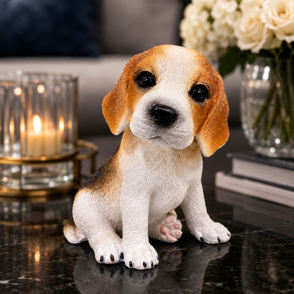 Beagle Filhote Escultura Cachorro Decorativo Luxo Super Realista em Resina