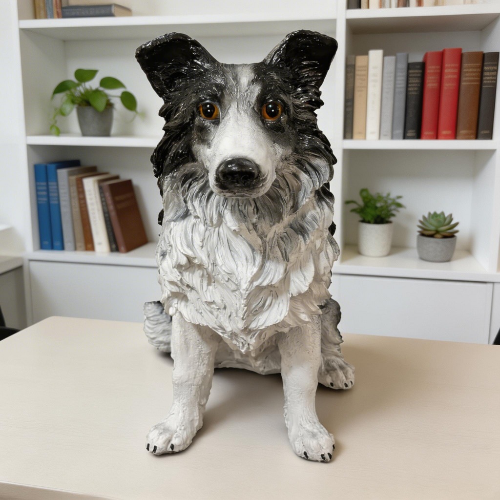 Cachorro Border Collie Decorativo Em Resina Realista Branco Com Preto
