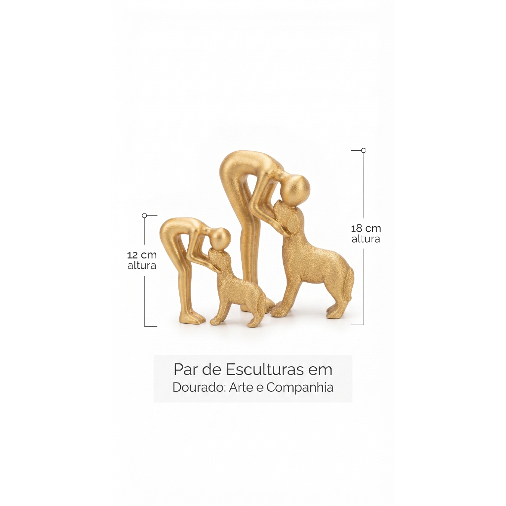 Escultura Decorativa Afeição - Mulher Abraçando Cachorro Dourado minimalista - Alta Qualidade + Brinde