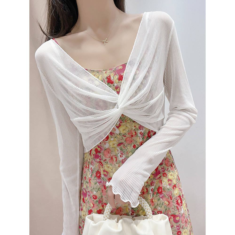 Gelo seda xale malha oco camisa de fundo feminino verão estilo fino Suspender saia blusa exterior casaco curto renda top