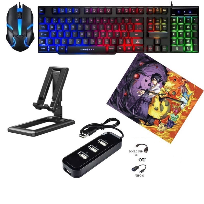 Mobilador Kit Gamer Teclado Mouse Otg  Hub Usb Suporte para Celular 6 itens  pc notebook celular