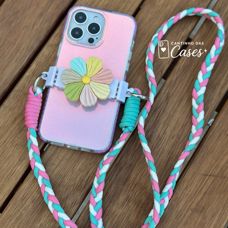 Kit Alça Trançada Colorida + Suporte Flor Pastel Universal Praticidade e Estilo (Não Acompanha Capa)
